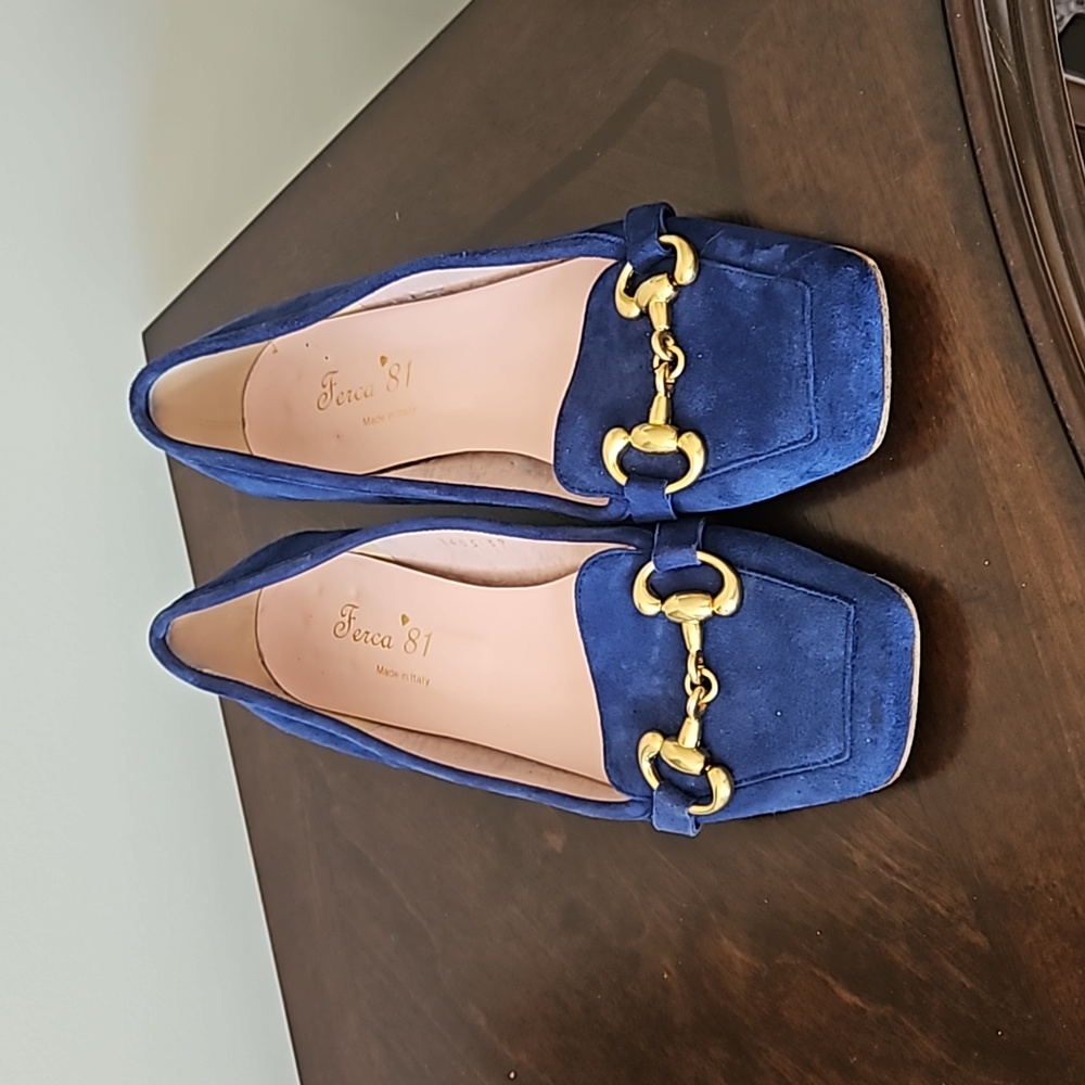 Blue Suede Loafers with Gold Accent